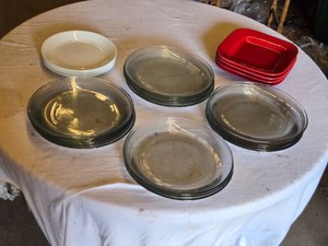 Lot of Clear Plates and Corelle Vitrelle Plates and Home Red Stoneware Plates