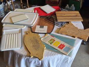 Lot of Cutting Boards and Accessories including Elle Decor Bamboo Cutting Board and Minnesota-shaped Board
