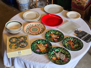 Sakura Oneida Jungle Safari Themed Plate Set including Tiger, Zebra, Giraffe, and Leopard Plates, and Assorted Tableware
