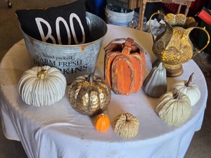 Fall Pumpkin Decor including Metal Bucket and Decorative Pumpkins, Vintage Style Vase and Other Seasonal Items