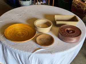 Vintage and Modern Kitchenware Including Munising Bowl, Hull Bakeware Set, and Tortilla Warmer