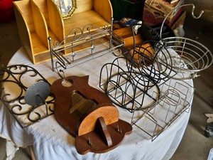 Wooden Organizer and Metal Racks, Including Coat Hook Board and Basket Stand