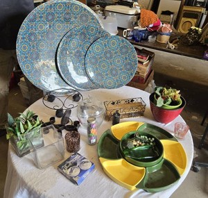 Colorful Decorative Plates and Home Decor Items Including Green and Yellow Serving Platter, Glassware and Faux Plants