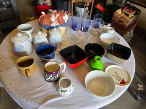 Ceramic and Glass Kitchenware Lot including Storage Jars, Bowls, Mugs, and Decorative Pieces