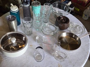 Pyrex Measuring Cup, Glass Drinking Tumblers, Revere Pro Line Frying Pan, Ceramic Soup Bowl and Kitchen Items