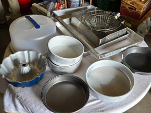 Assorted Kitchen Baking Items including Cake Carrier, Cake Pans, Baking Sheets, and Mesh Fryer Basket