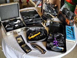 Professional Barber and Clipper Tools Including Various Wahl Clippers, Conair Clipper, and Various Accessories