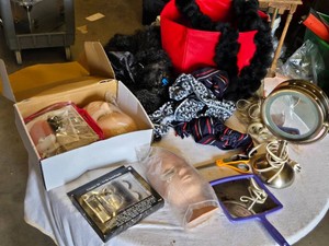 Various Makeup and Costume Accessories including Masks, Makeup Kits, Wigs, and Accessories