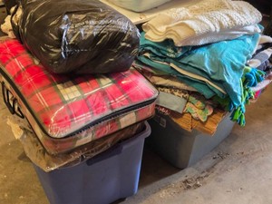 Large Stack of Blankets, Quilts, Afghans and Bedding