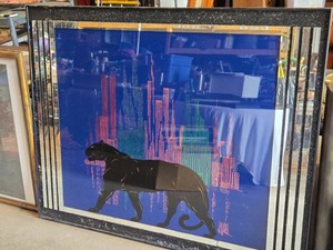 Art Deco Panther Mirror Artwork with Cityscape Design 48x60