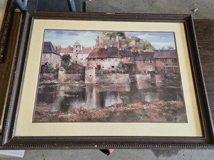 Framed Painting of European Village by Duvall 32.5x42.5