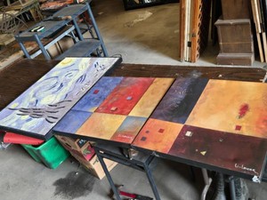 Paintings Including Starry Night Reproduction and Two Abstract Pieces by Li-Leger - See All Pics