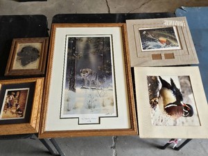 Framed Artwork Collection with Nature and Animal Themes depicting a wolf, dog, child with a dog, fish, and a duck - See All Pics