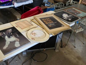 Assorted Picture Frames and Wall Art Items including Gold Traditional Frames, Kitten and Mouse Chess Art, and Puppy Canvas