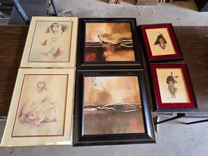 Set of Framed Artwork by Different Artists Including Sara Moon, Laurie Maitland, Including Gerda Christoffersen Pastel Native American Girl and Boy