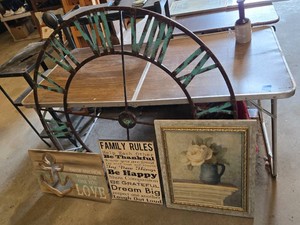 Lot of Home Decor Items including Metal Roman Numeral Clock Frame, Floral Painting, and Wall Plaques