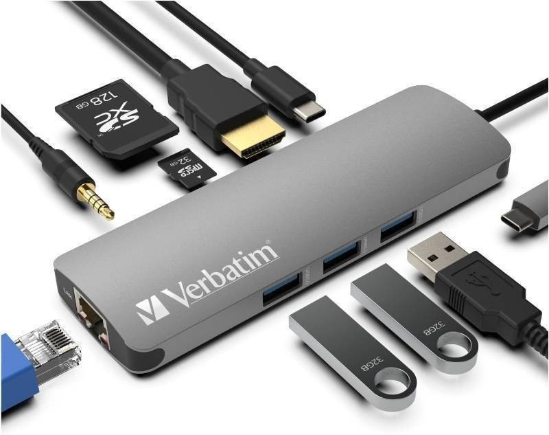 Verbatim 9-in-1 USB C Hub Adapter - 100W Power Delivery, USB 3.0, SD Card Readers, Gigabit LAN, 3.5mm Port for USB C Laptops