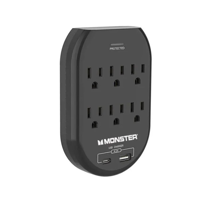 Monster Essentials Power Wall Tap Surge Protector, 6 Outlets  USB Ports Black