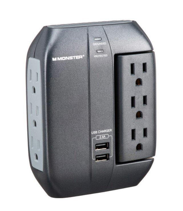 Monster Cable Wall Tap Surge Protector with 6 SwivelSide Outlets 2 USB Black