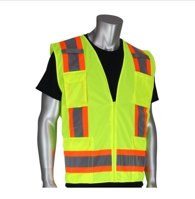 NEW PIP 302-0500S ANSI Type R Class 2 Surveyors Vest, Two-Tone, 11 Pockets, Hi-Viz Yellow, XXL