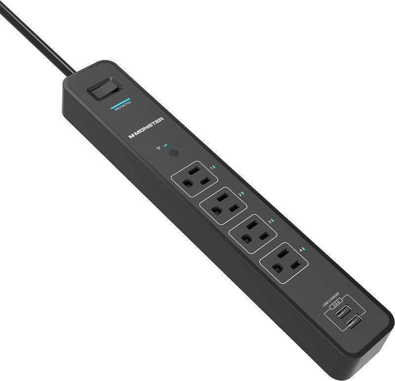 Monster Smart Power Outlet WiFi Control Alexa Indoor 4 Outlet 2 USB-A Black 6 ft