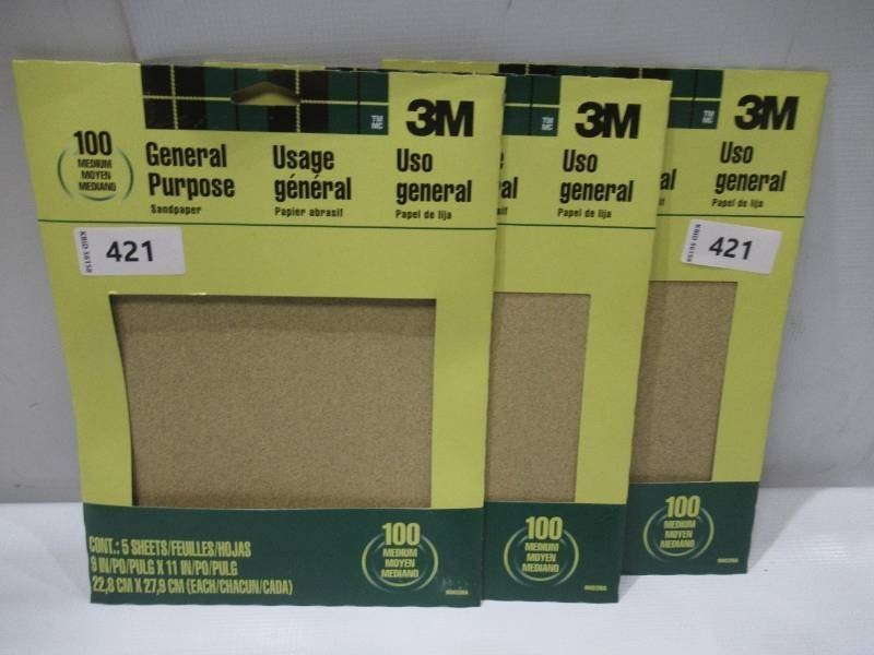 NEW 3 Packs of 3M 11 in. L x 9 in. W Fine Aluminum Oxide Sandpapers 100 Grit - 5 Sheets per Pack