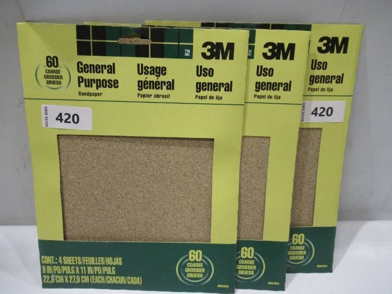 NEW 3 Packs of 3M 11 in. L x 9 in. W Fine Aluminum Oxide Sandpapers 60 Grit - 4 Sheets per Pack