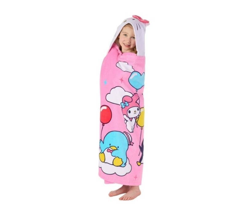 NEW Kids Character 100% Cotton Hooded Towel With Hand Pockets - Hello Kitty