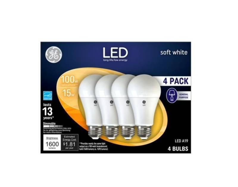NEW GE Soft White LED 100W Equivalent General Purpose A19 Light Bulbs 4-Pack