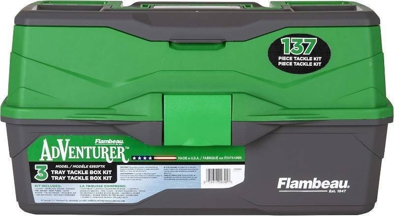 NEW Flambeau Outdoors 6383FTK Adventurer 3-Tray Tackle Box Kit, Complete Starter Fishing Tackle Kit with Hooks, Bobbers, Stringer, and More, Green