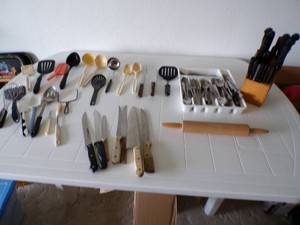 Large Lot of Kitchen Spoons, Knifes, Forks, Kitchen Knifes, Ladels, Rolling, Pin, Spatulas and More