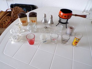 Lot of 20 Shot Glasses, Salt & Peppers Shakers, Candle Holders and a Tea Candle Melting Pot for Butter or your favorite Sauce