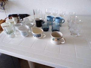 Lot of 23 Kitchen Glasses, Mugs, Creamers & Juice Squeezer