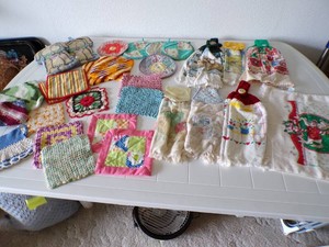 22 - Vintage Hot Pads most handmade & 7 Kitchen Towels