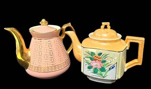 Ll-FR - Vintage Teapot Pair - Hall Pink Gold 6-Cup & Japanese Lacquerware