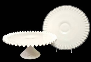 Ll-FR - Vintage Hobnail Milk Glass Pedestal Cake Stand and Vintage Fenton Silver Crest Low Cake Stand