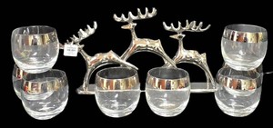 Ll-FR - Vintage Dorothy Thorpe Cocktail Glasses & Crate & Barrel Reindeer Candle Holder Mixed Lot