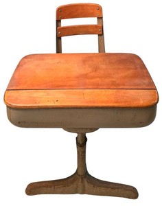 Ll-FR - School Desk With Attached Seat Vintage Wood & Metal