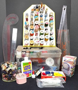 LL-BR - Vintage Sewing Notions Mixed Lot Thread, Snaps, Patches & Tools