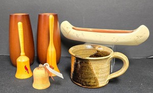 LL-BR - Vintage Red Wing Pottery Canoe Dish, Francoma Mug & Wooden Bells
