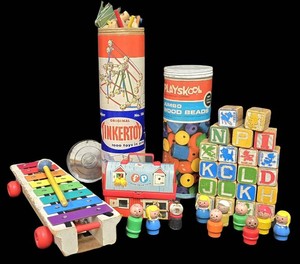 LL-BR - Vintage Wooden Toys & Blocks Mixed Lot Fisher-Price, Tinkertoy, Playskool
