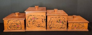 LR - Vintage Wood Kitchen Canister Set 4-Piece Coffee Flour Sugar Tea