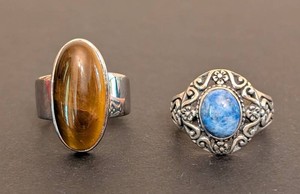 DR - Sterling Silver Cabochon Stone Ring Pair Size 7.5 & 8