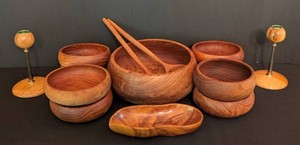 LR - Vintage Myrtle Wood Serving Bowl Set & Candle Holders Mixed Lot