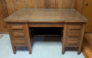 BR - Wood Desk - Vintage Twin Pedestal Glass Top