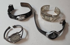 4 Misc. Watches   (Fossil-working, Geneiva Platinum Cuff Watch - working)  Other 2 watches do not work (Figaro, Quartz)