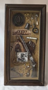 Gold Rush Shadow Box Featuring Items From the Gold and Silver Rush. Circa 1800s.  16 T x 8W x 3 Deep GREAT FOR MAN CAVE OR REC ROOM