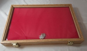 18 x 12 x 2 Coin Display Box with Keys.  Oak Wood with red velvet back ground.  Keys included.  New in Box