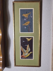 Framed Asian Style Mixed Media Bird Artwork Pair
