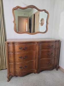 French Provincial Serpentine Dresser with Matching Mirror
